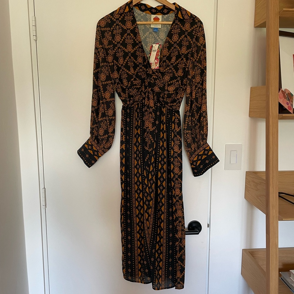FARM Rio Black and Orange Patterned Long Sleeve Dress